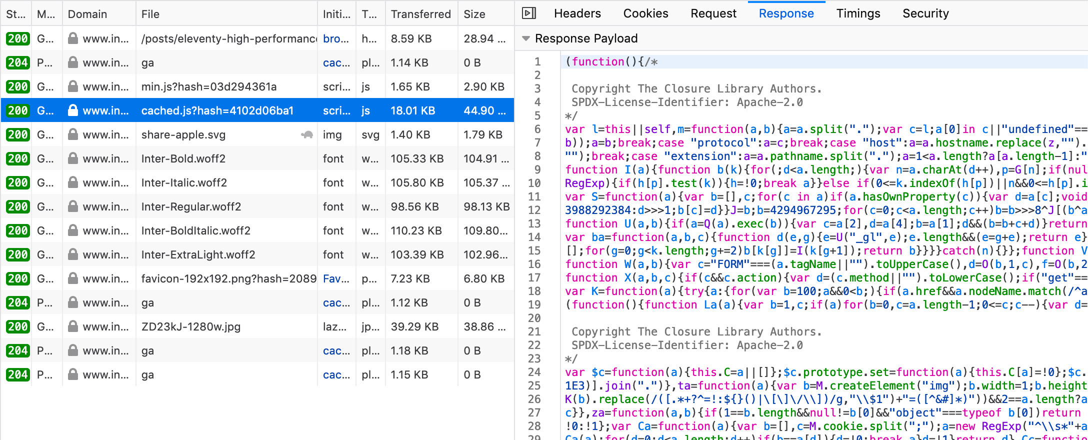 A screenshot from the Network tab in Firefox developer tools, showing the contents of a file named cached.js which is a copy of analytics.js