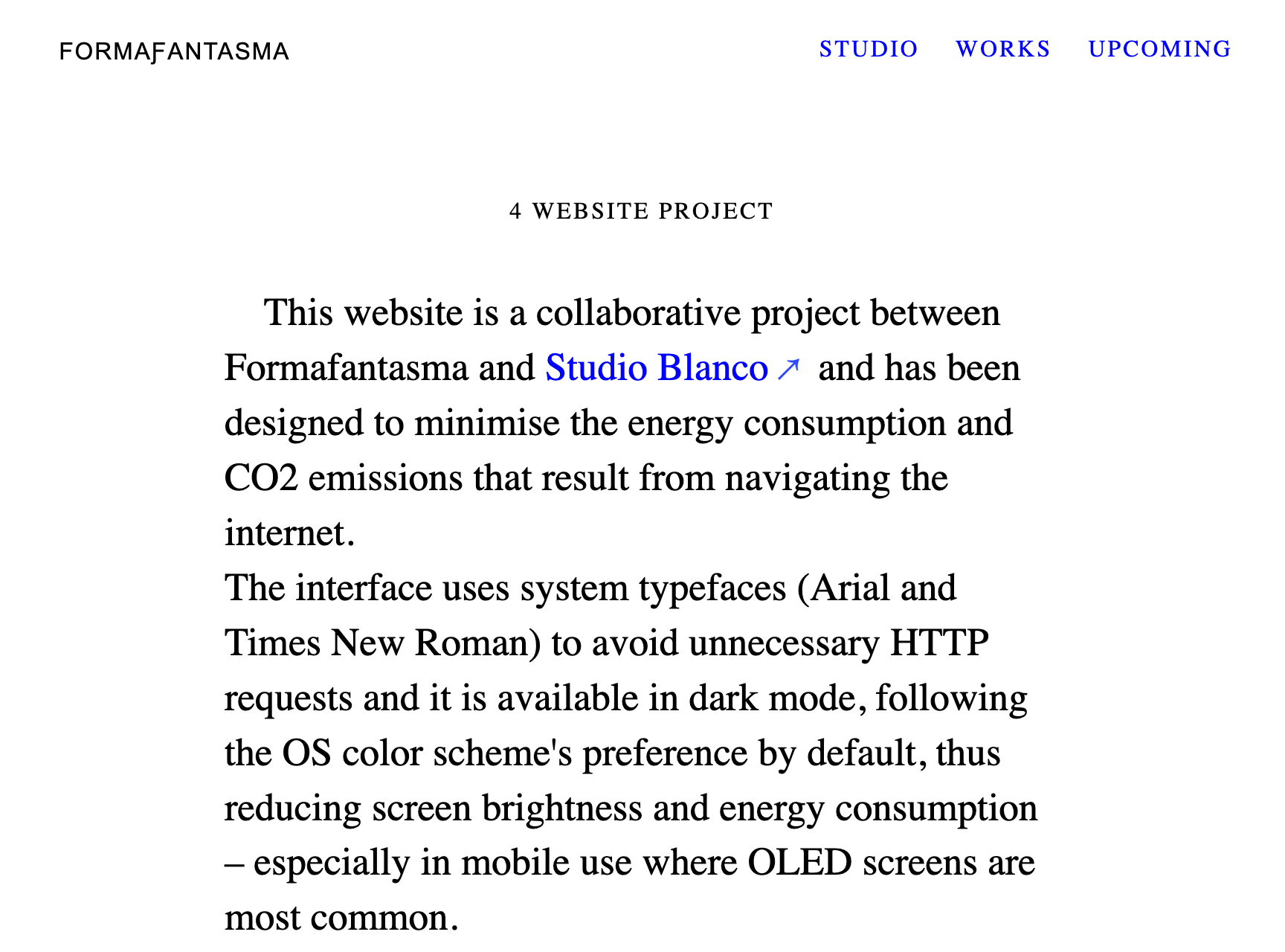 Screenshot of the Formfantasma website showing a minimal design: white background, black text set in Times New Roman, and blue links.
