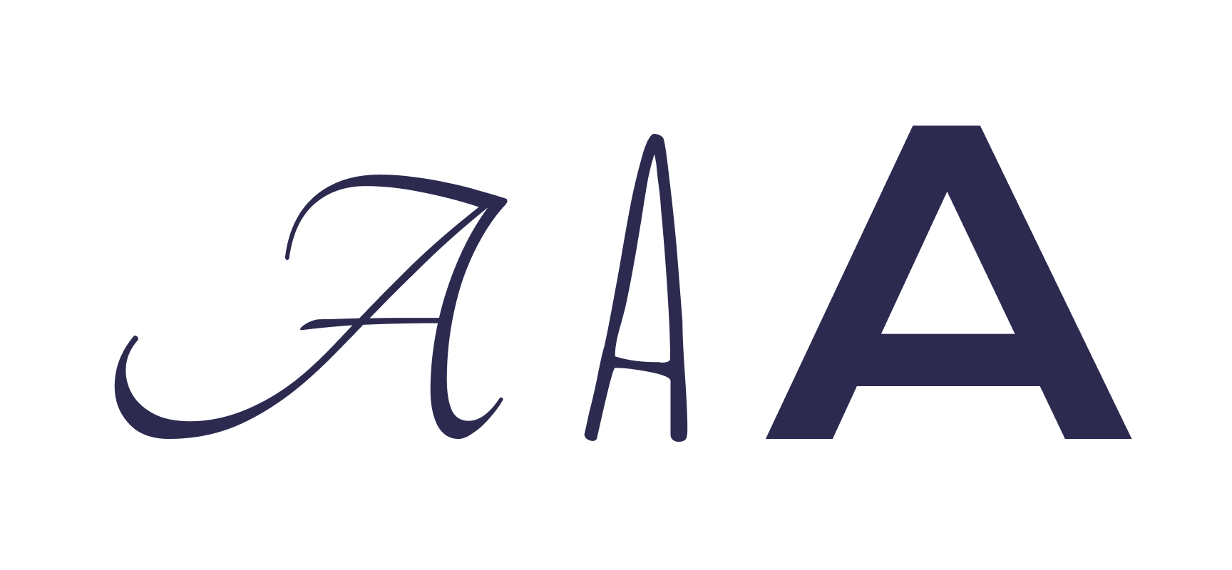 An uppercase 'a' character shown in three different fonts: each character has a different size and shape.