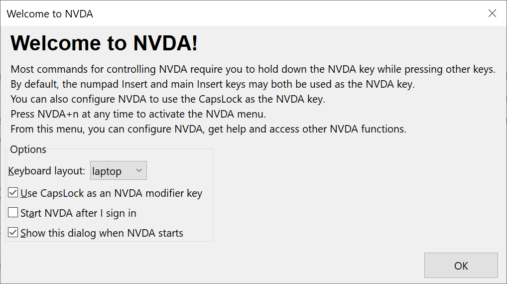 A screenshot of the 'Welcome to NVDA' window showing some basic instructions and some options.